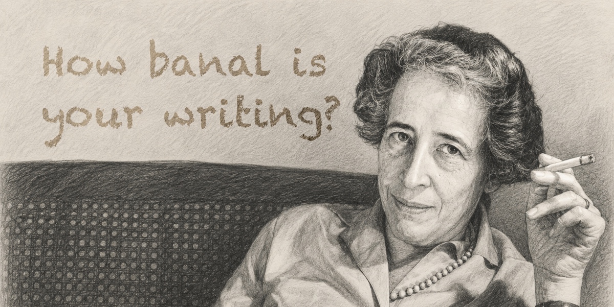 A hand-drawn picture of Hannah Arendt with a cigarette. On the wall it says 'How banal is your writing?'