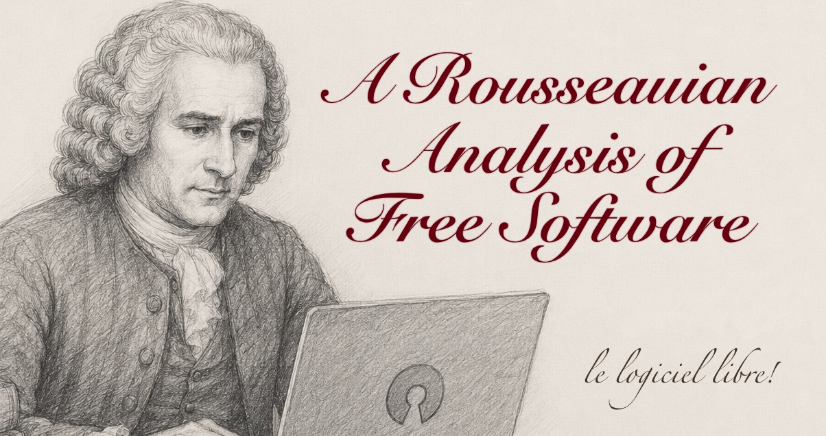 An image with Rousseau in
        a laptop which has a sticker with the logo of the open source software
        foundation.